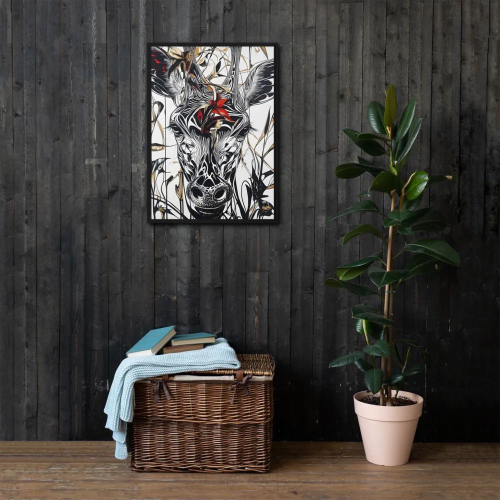 Floral Elegance: The Giraffe's Portrait | Canvas with Black Frame | 20″×28″