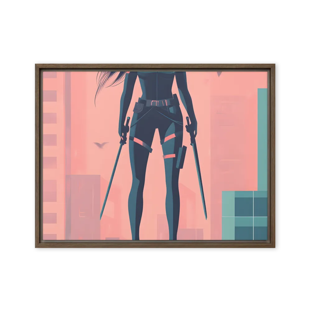 Urban Sentinel: A Warrior's Stand | Canvas with Brown Frame | 18″×24″