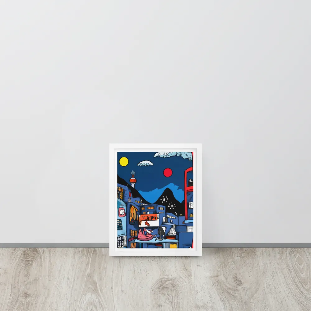 Whimsical Cityscape at Night | Canvas with White Frame | 8″×10″