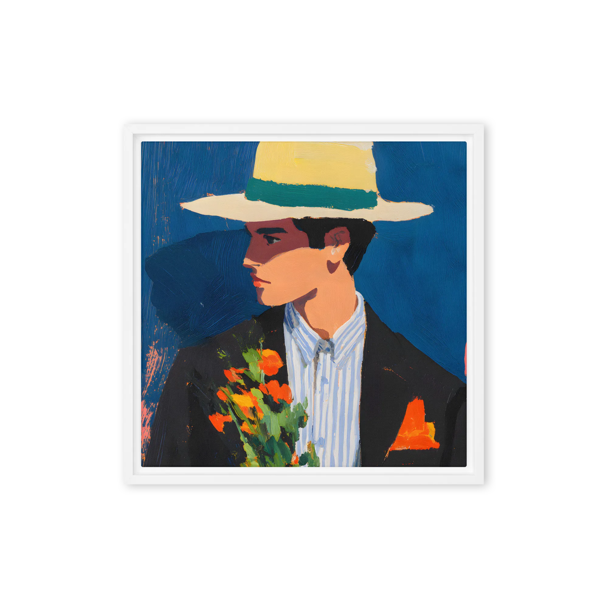 Portrait with Hat and Flowers 
 Canvas with White Frame