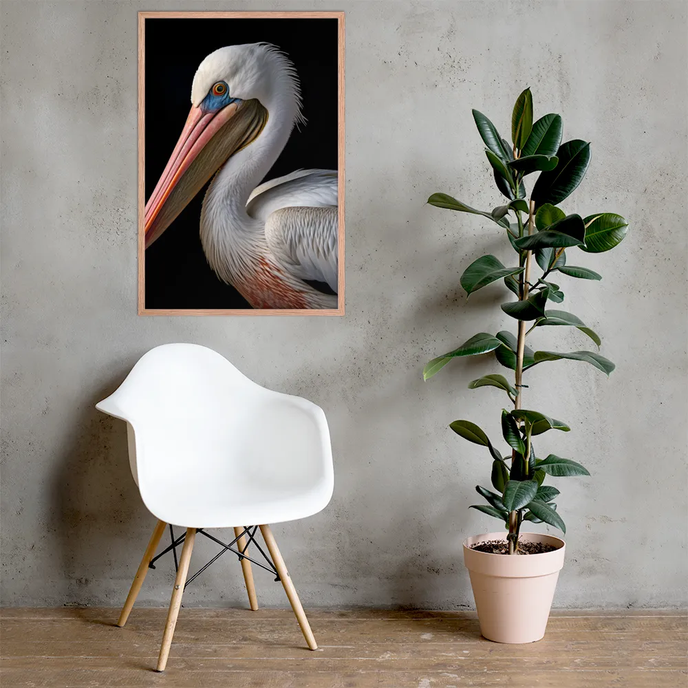 Elegance in White: The Pelican | Poster with Red oak Frame | 24″×36″