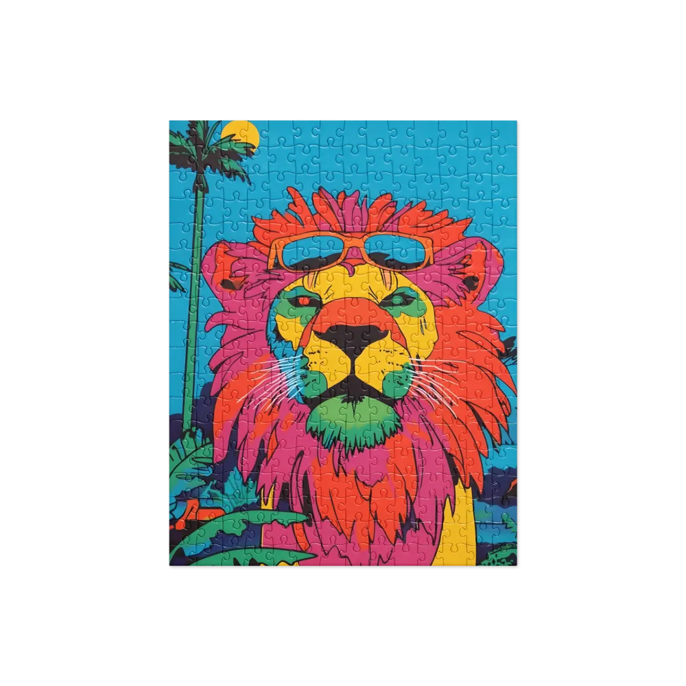 Lion with Sunglasses: A Vibrant Tropical Portrait | Jigsaw Puzzle | 252 pieces