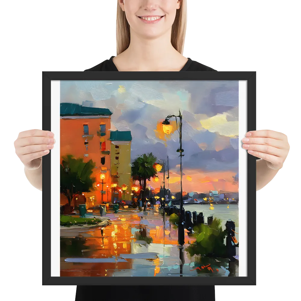 Harbor Promenade at Dusk 
 Poster with Black Frame | 18″x 18″