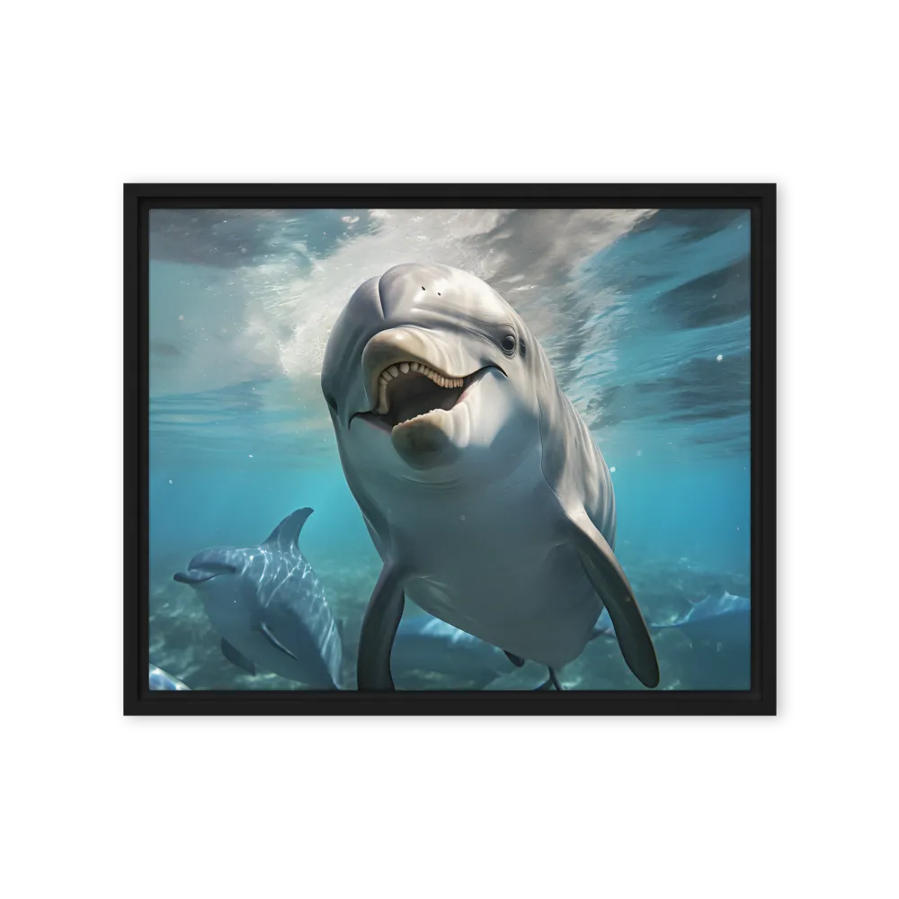Beneath the Waves: A Dolphin's Dance | Canvas with Black Frame | 16″×20″