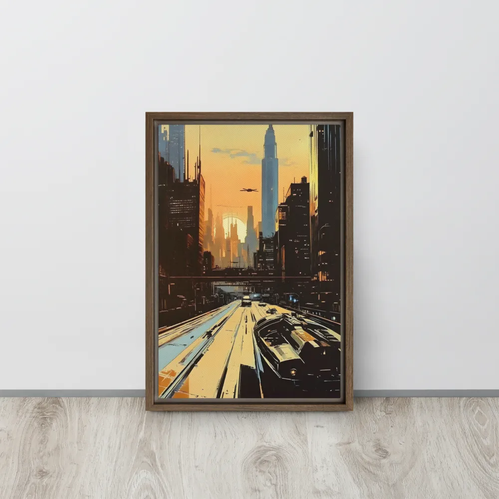 Metro Nexus: A Futuristic Cityscape | Canvas with Brown Frame | 12″×18″