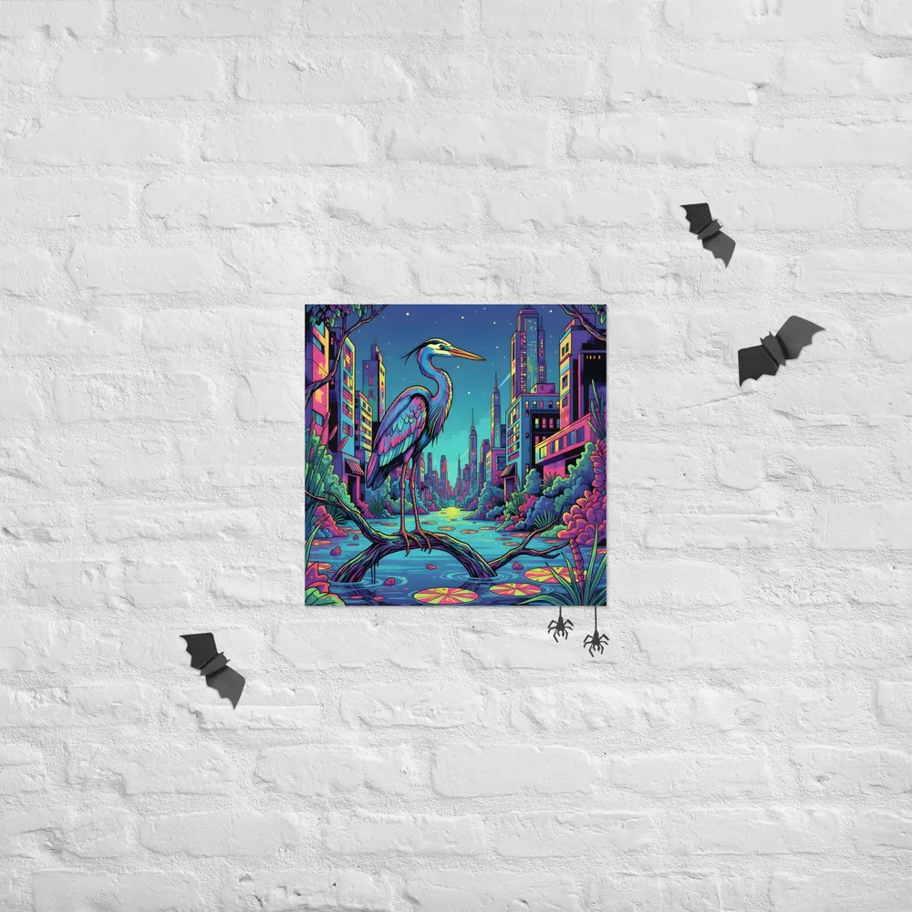 Neon Heron - Urban Twilight 
 Poster | 18″x 18″