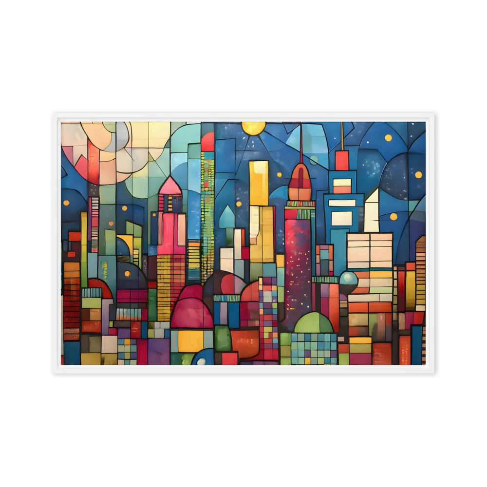 Geometric Harmony: A Vibrant Cityscape | Canvas with White Frame | 24″×36″