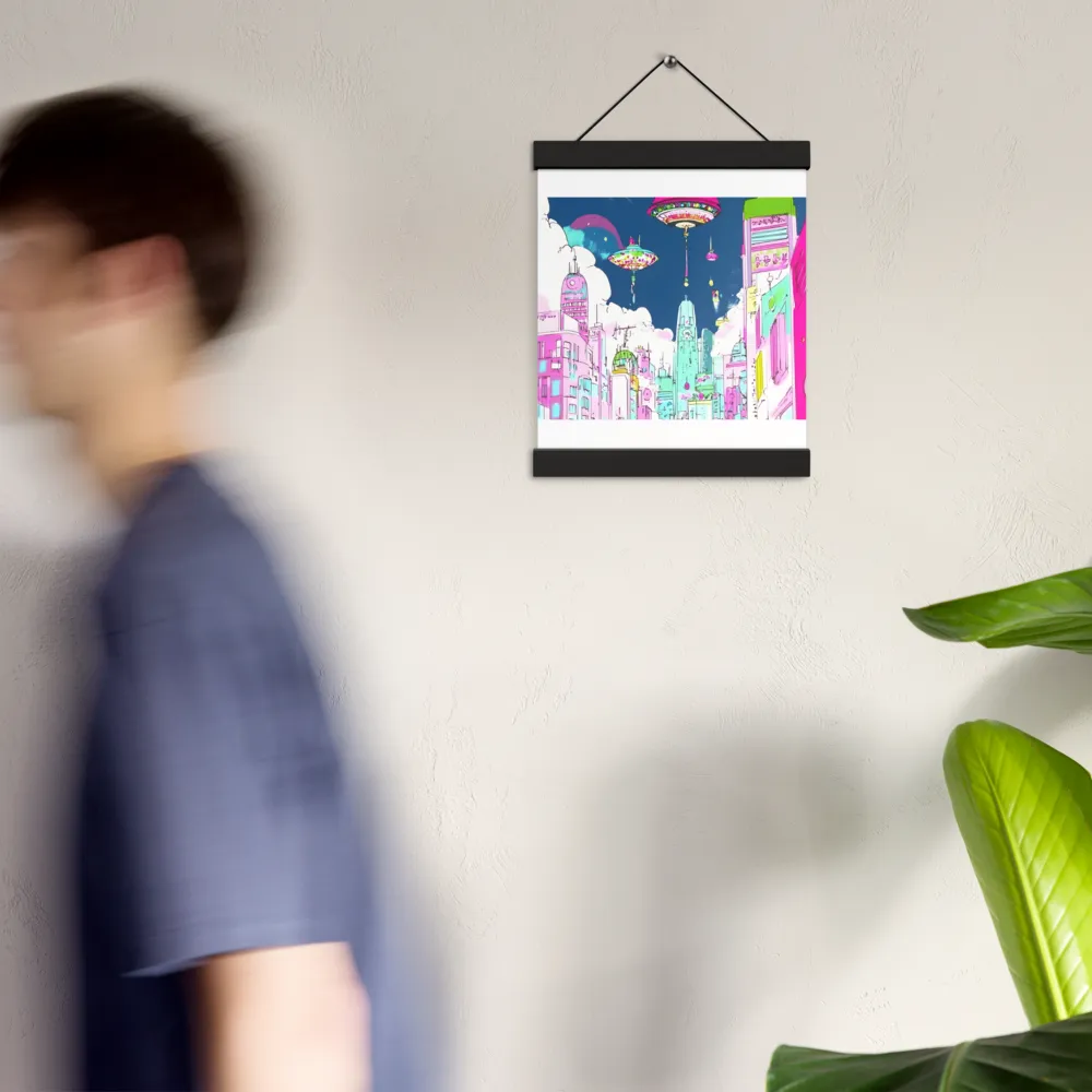 Futuristic Cityscape with Floating Structures | Poster With Black Wood Hanger | 8″×10″