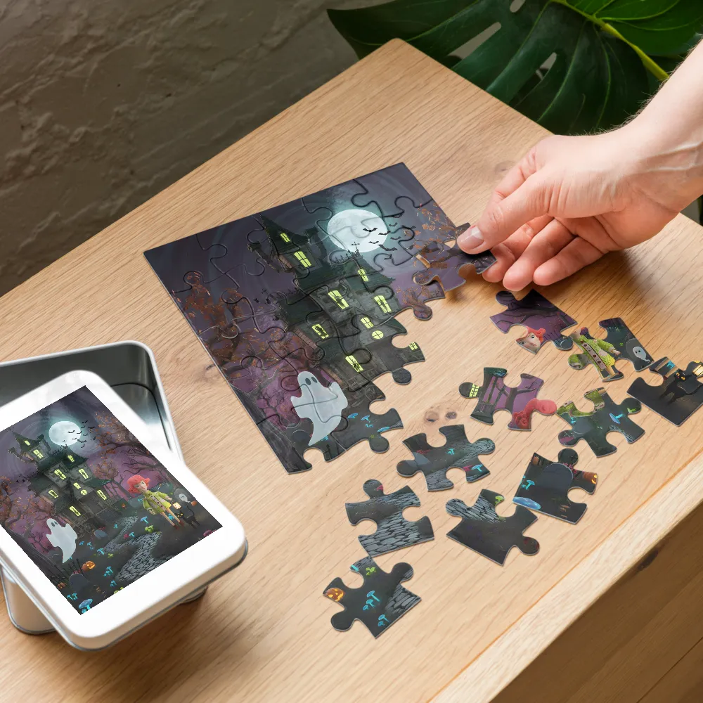 Lantern Girl at the Haunted House 
 Jigsaw Puzzle in Tin Box