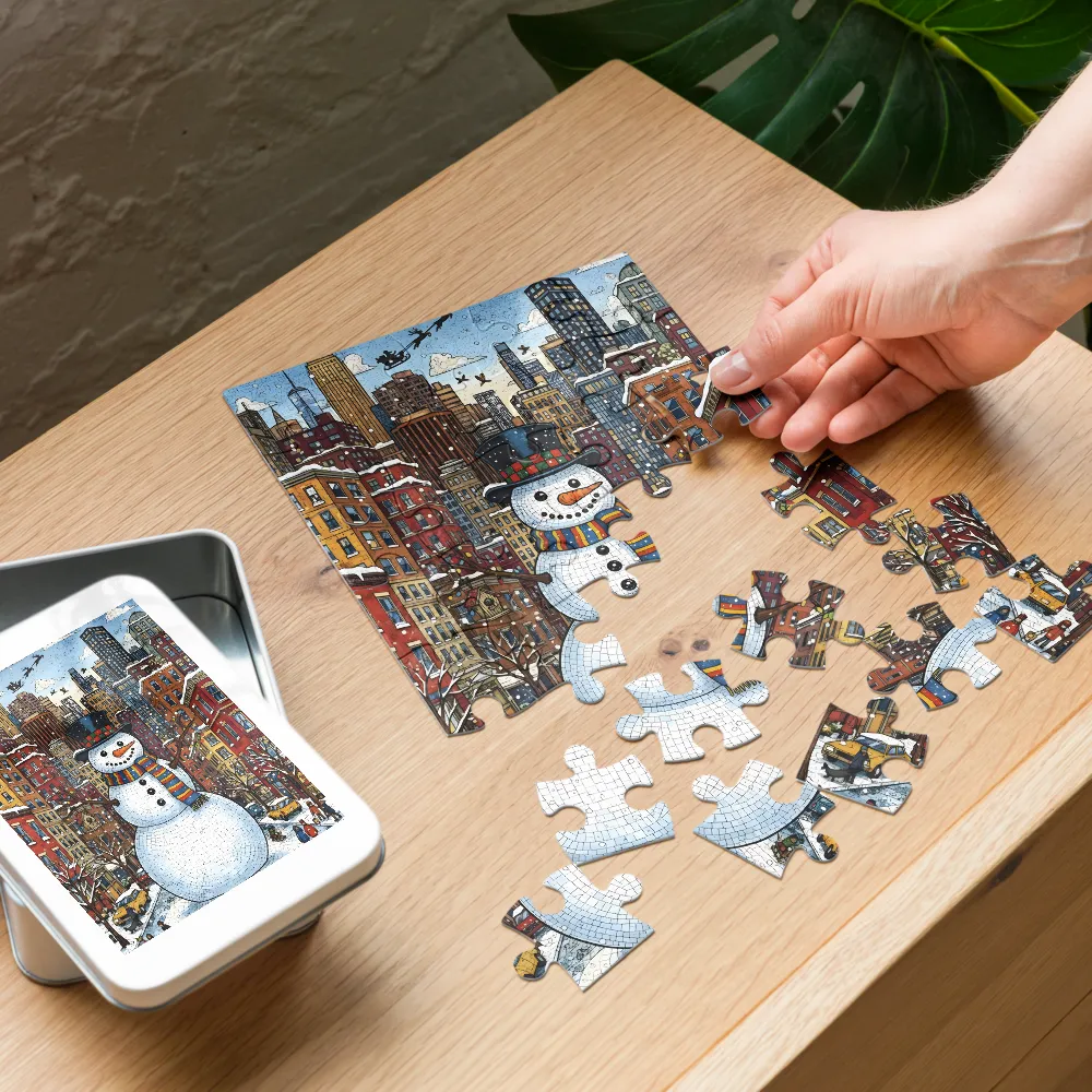 Urban Snowman Mosaic 
 Jigsaw Puzzle in Tin Box