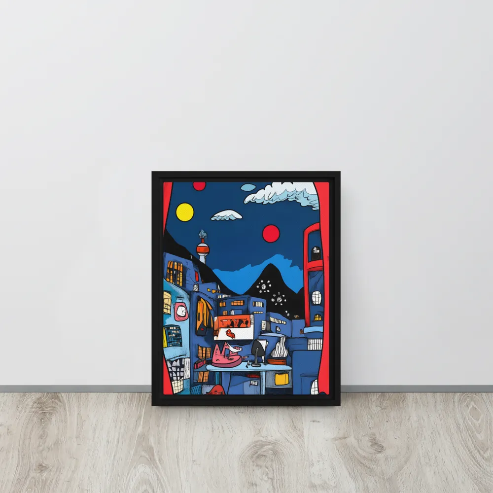 Whimsical Cityscape at Night | Canvas with Black Frame | 11″×14″