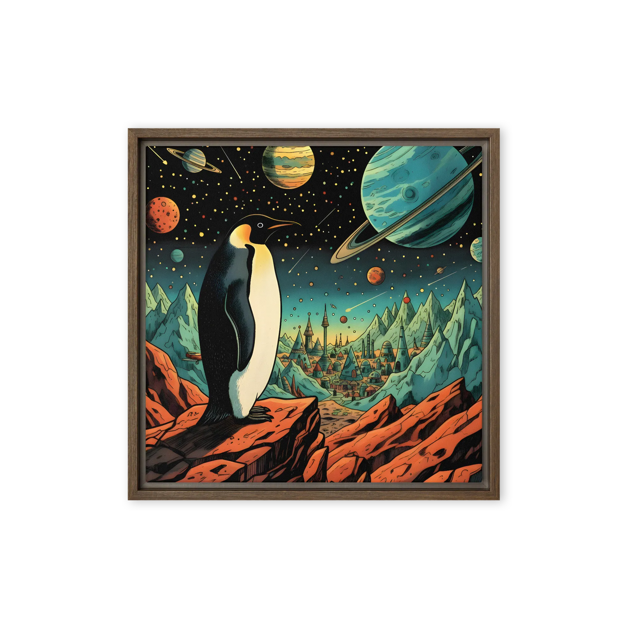 Penguin on an Alien Shore 
 Canvas with Brown Frame