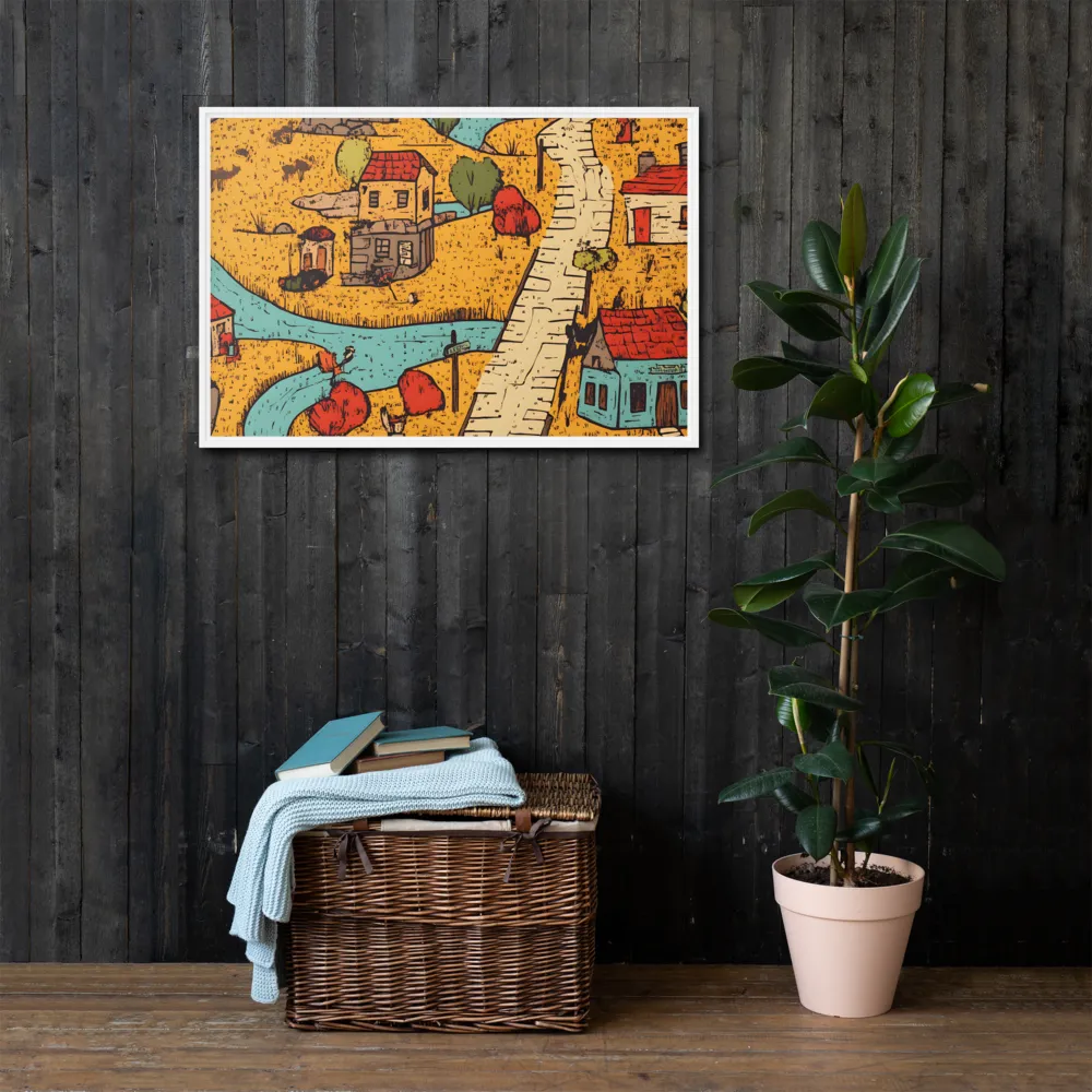 Whimsical Village Landscape | Canvas with White Frame | 24″×36″
