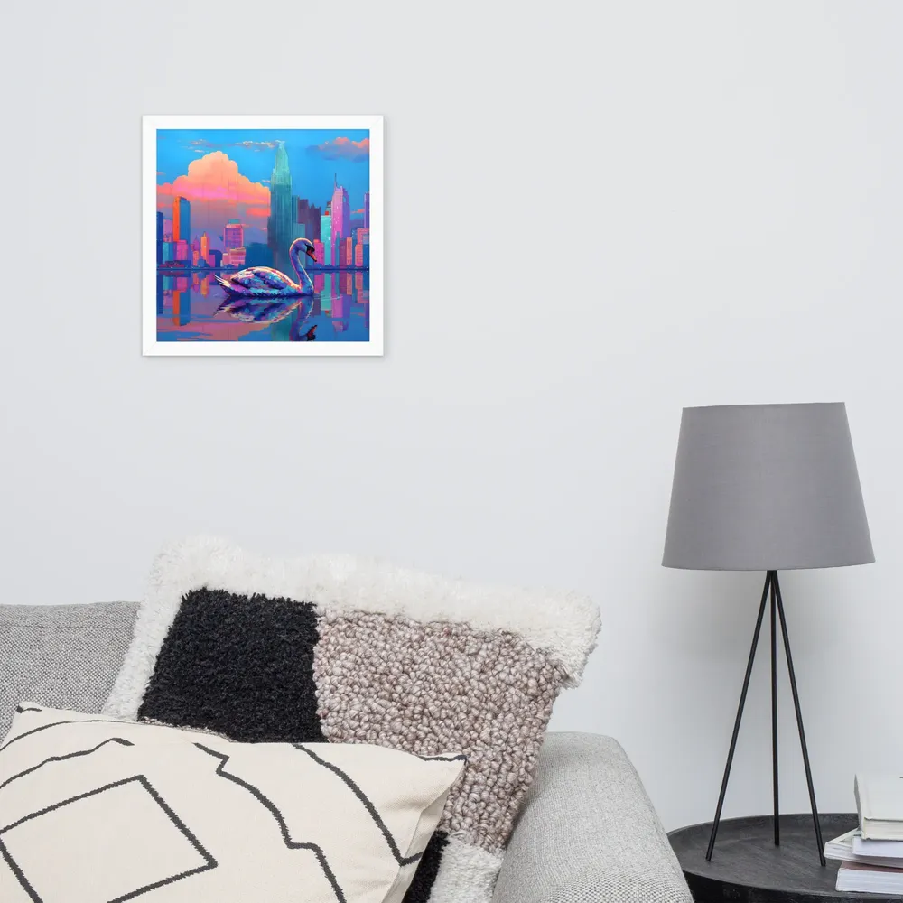 Neon Swan Skyline 
 Poster with White Frame | 14″x 14″
