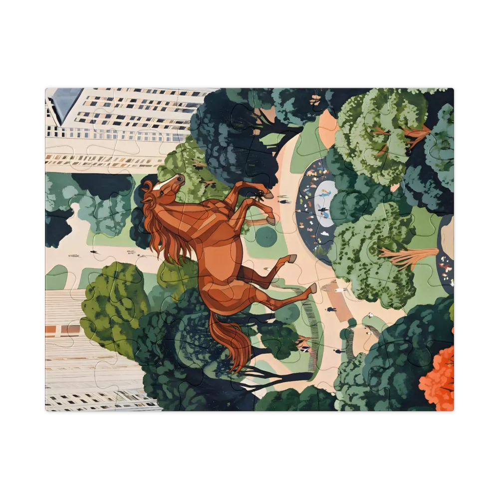 Soaring Horse Over City Park 
 Jigsaw Puzzle in Tin Box