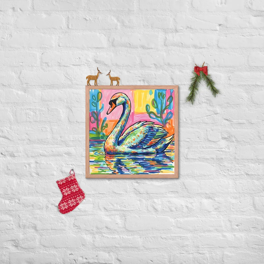 Prismatic Swan 
 Poster with Red oak Frame | 18″x 18″