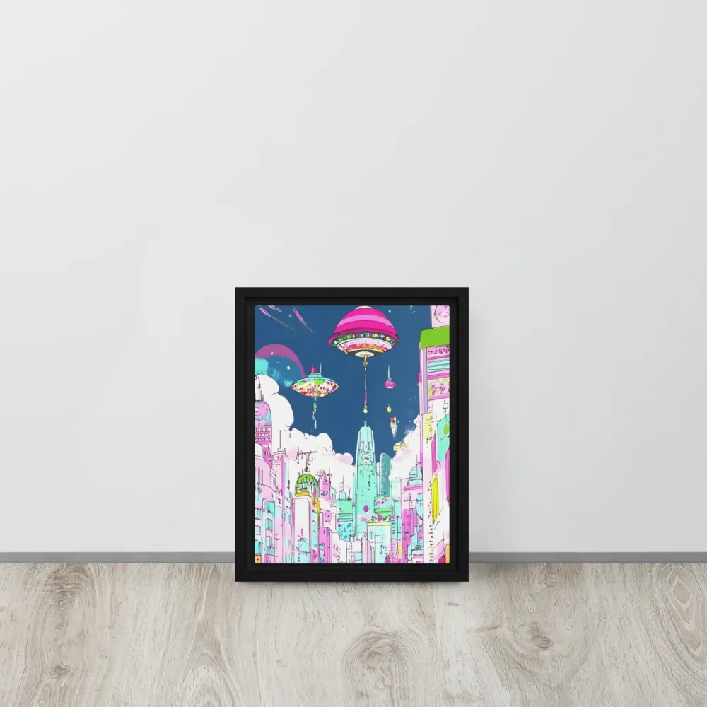 Futuristic Cityscape with Floating Structures | Canvas with Black Frame | 9″×12″