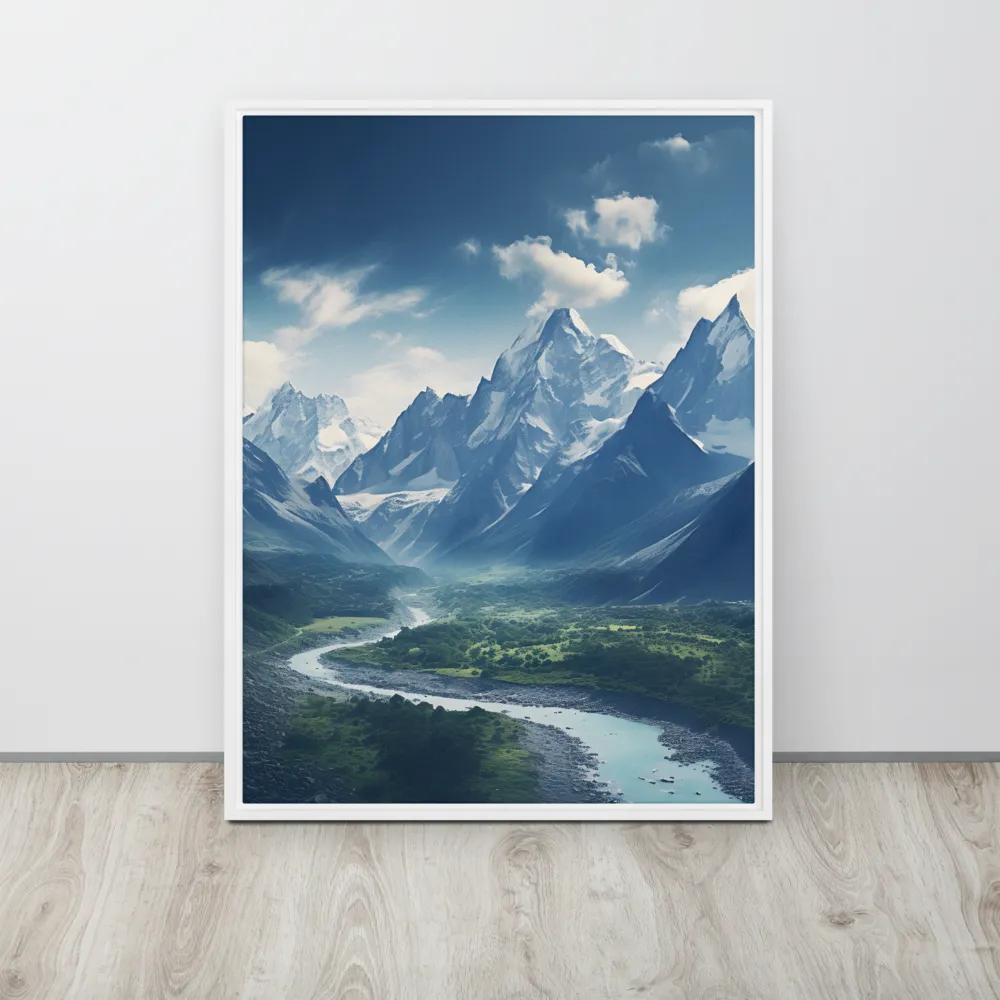 Majestic Serenity: A Landscape of Mountains and Rivers | Canvas with White Frame | 24″×32″