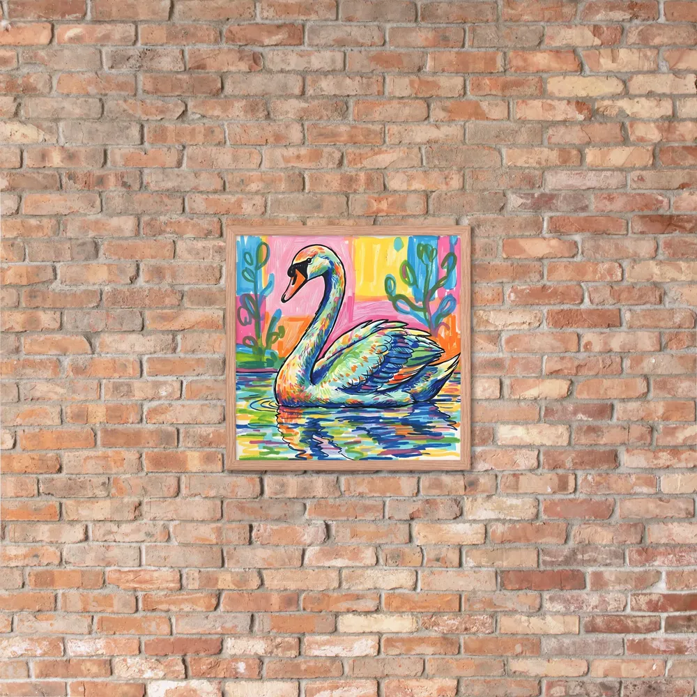 Prismatic Swan 
 Poster with Red oak Frame | 18″x 18″