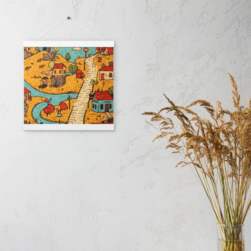 Whimsical Village Landscape | Poster With White Wood Hanger | 12″×12″