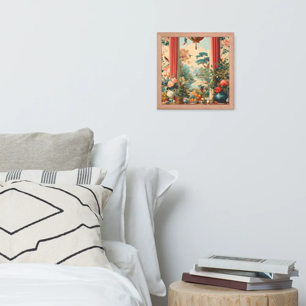 Window to the Garden 
 Poster with Red oak Frame | 12″x 12″