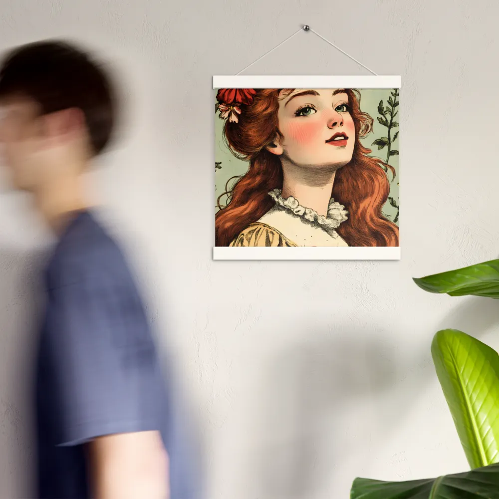 Whimsical Portrait of a Flower-Adorned Girl | Poster With White Wood Hanger | 12″×12″
