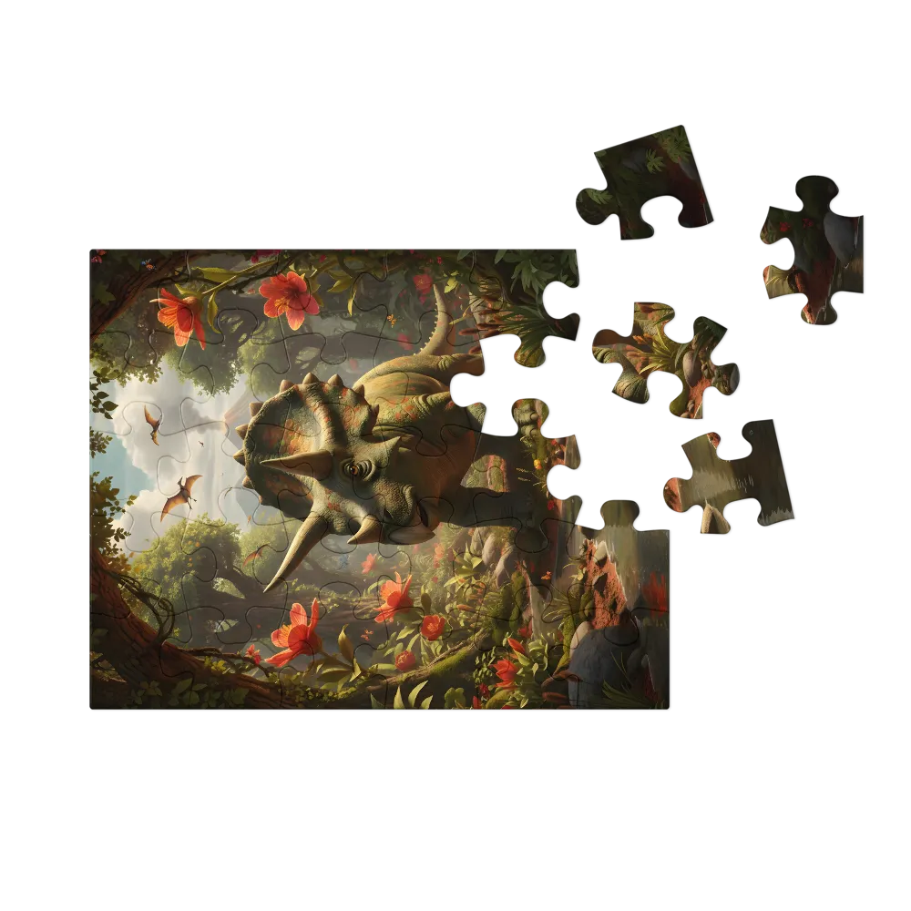 Triceratops in the Flowered Forest 
 Jigsaw Puzzle in Tin Box