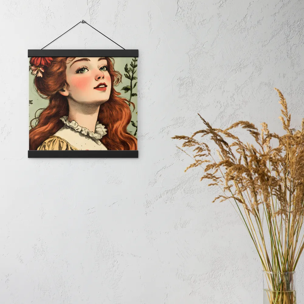 Whimsical Portrait of a Flower-Adorned Girl | Poster With Black Wood Hanger | 12″×12″