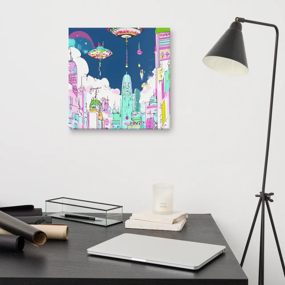 Futuristic Cityscape with Floating Structures | Canvas | 16″×16″