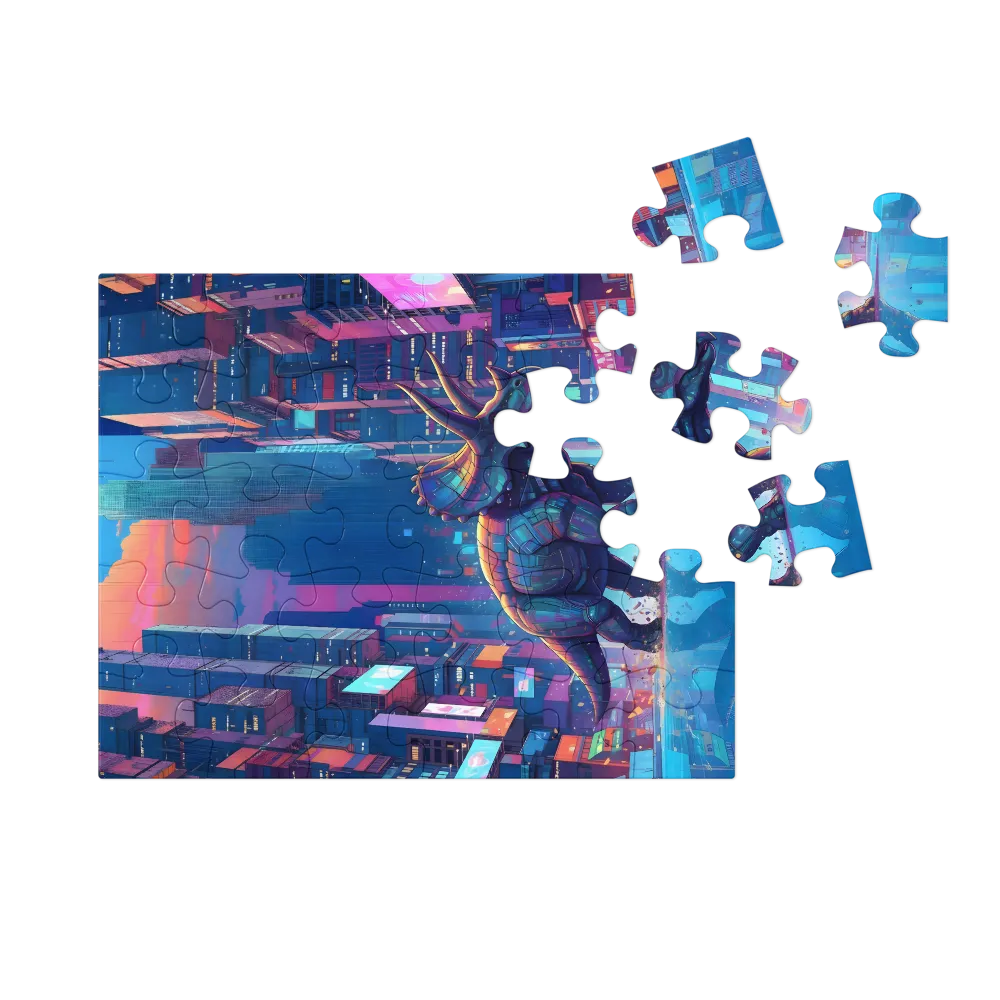 Neon City Triceratops 
 Jigsaw Puzzle in Tin Box