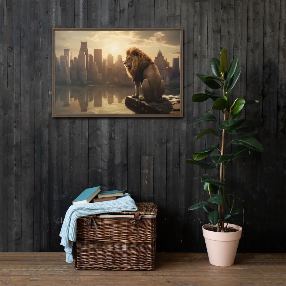 The Lion's Gaze Over the Urban Symphony | Canvas with Brown Frame | 24″×36″