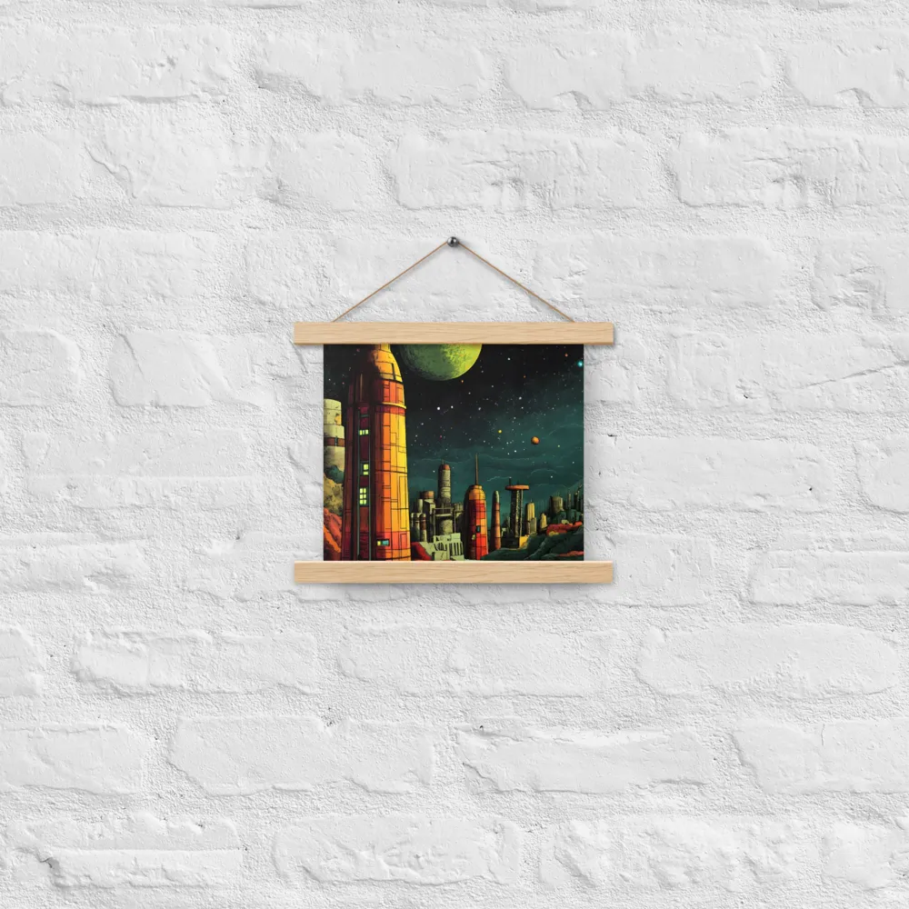 Cosmic Cityscape | Poster With Oak Wood Hanger | 10″×10″