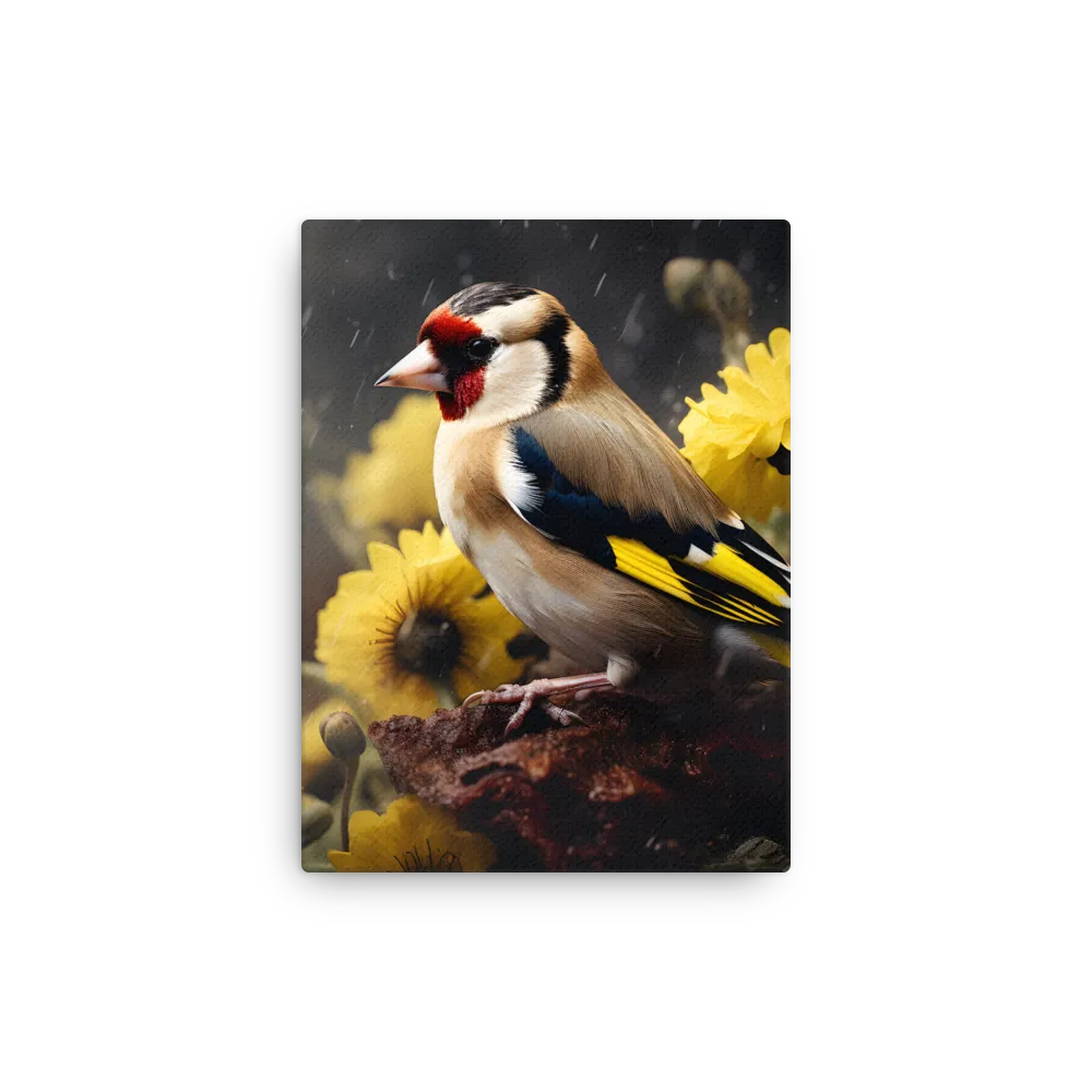 Harmony in Nature: A Goldfinch Amidst Blooms | Thin Canvas | 9″×12″