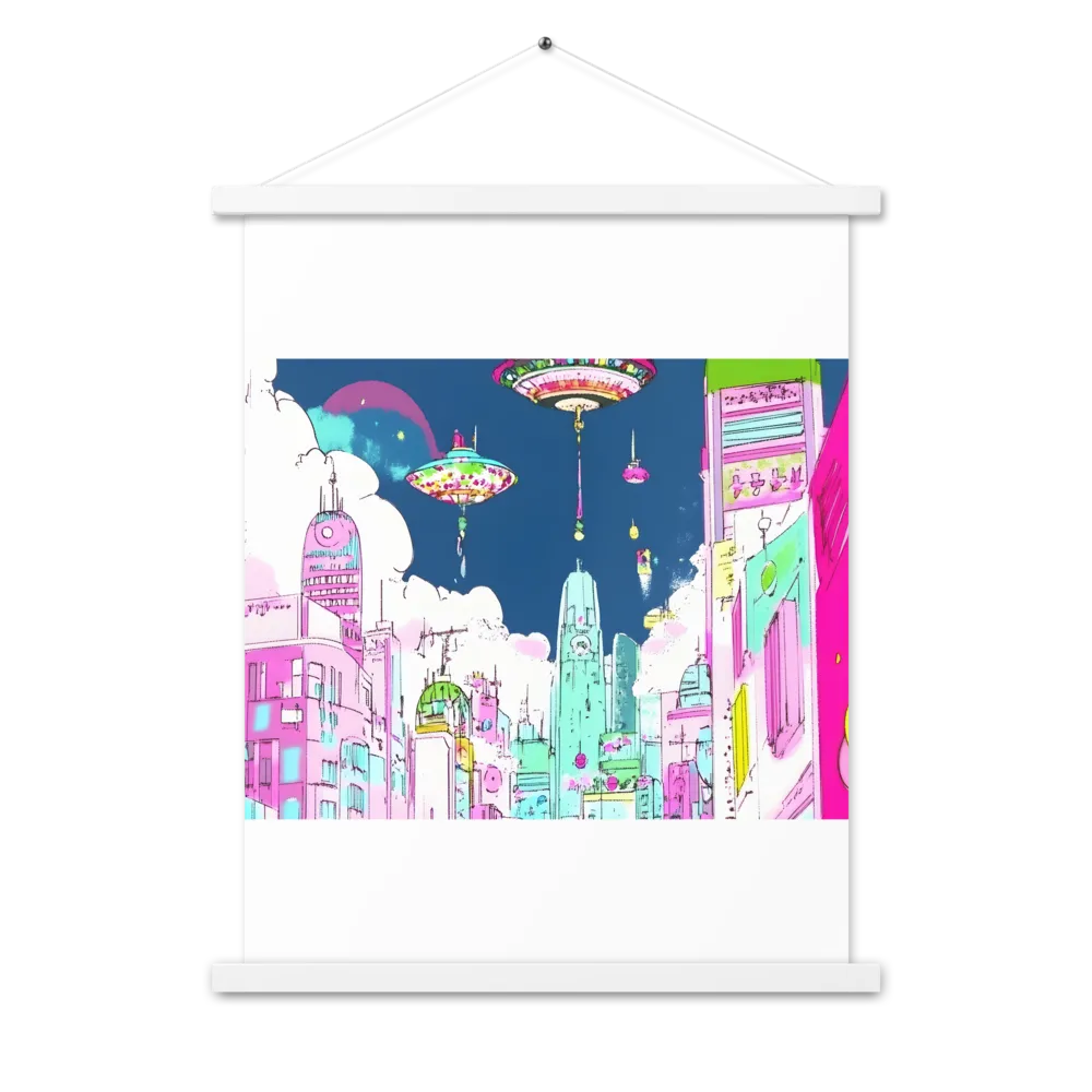 Futuristic Cityscape with Floating Structures | Poster With White Wood Hanger | 18″×24″