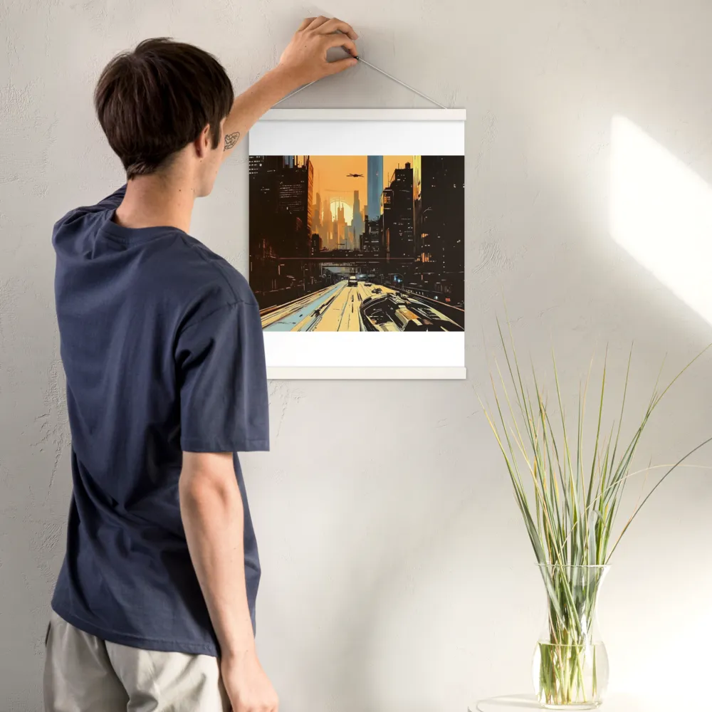 Metro Nexus: A Futuristic Cityscape | Poster With White Wood Hanger | 16″×20″