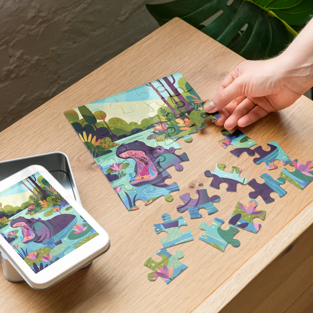 Lily Pond Hippo 
 Jigsaw Puzzle in Tin Box