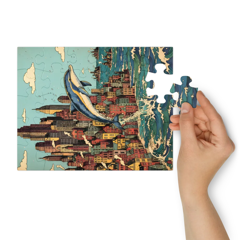 Dolphin Over City 
 Jigsaw Puzzle in Tin Box