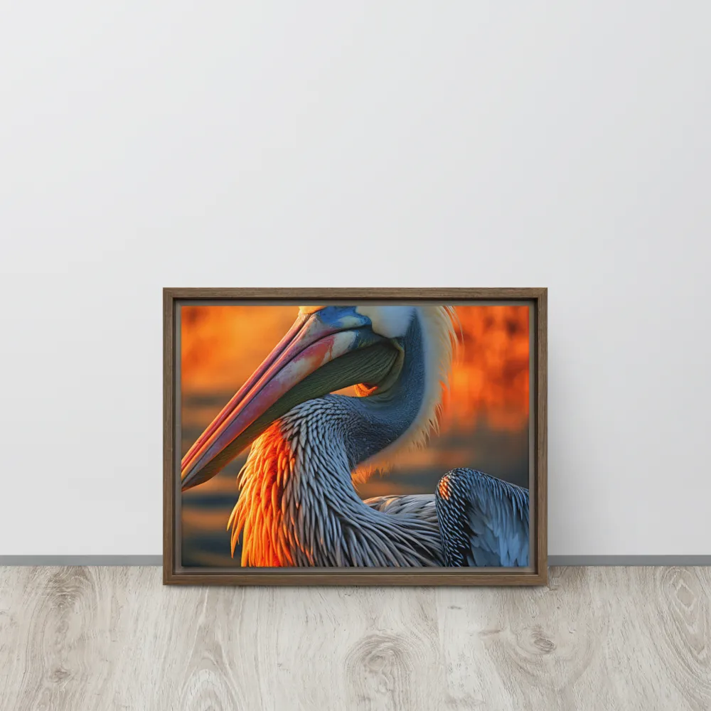 Elegance of the Pelican at Sunset | Canvas with Brown Frame | 12″×16″