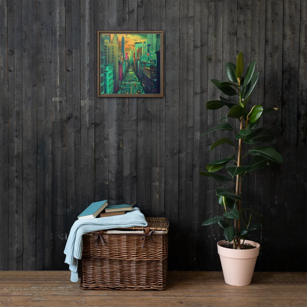 Urban Surrealism: Neon Dreams | Canvas with Brown Frame | 16″×16″