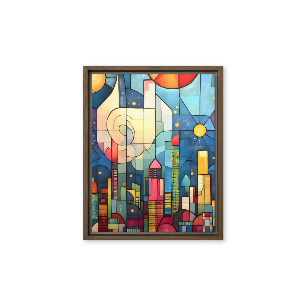 Geometric Harmony: A Vibrant Cityscape | Canvas with Brown Frame | 11″×14″