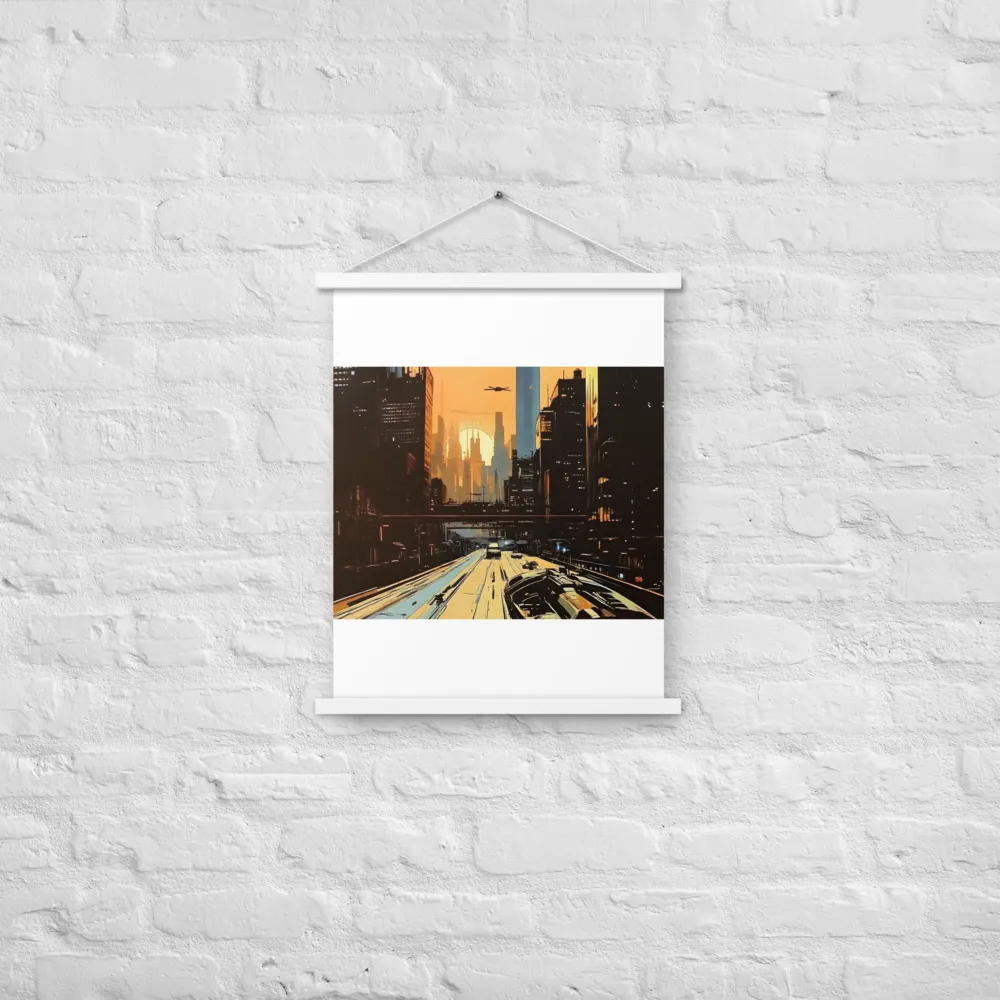 Metro Nexus: A Futuristic Cityscape | Poster With White Wood Hanger | 18″×24″