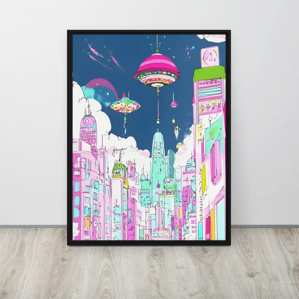 Futuristic Cityscape with Floating Structures | Canvas with Black Frame | 24″×32″