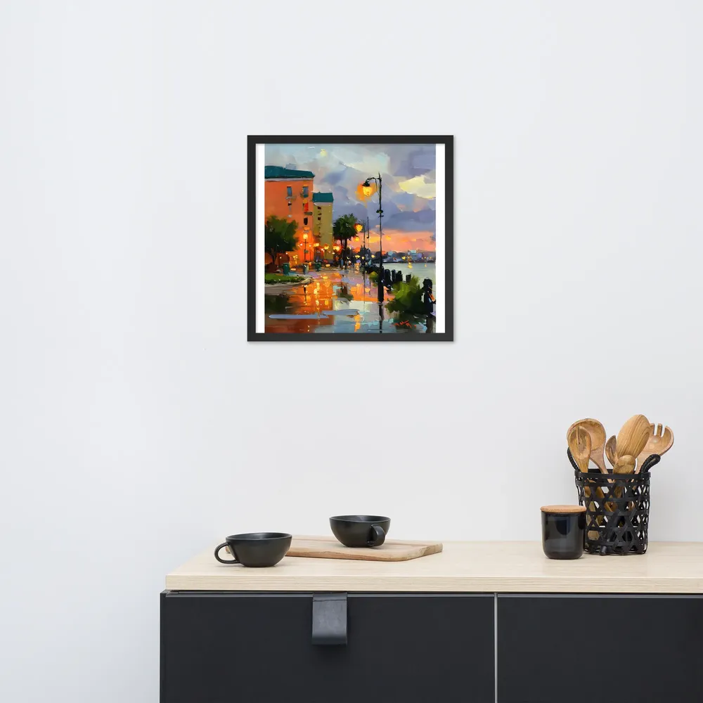 Harbor Promenade at Dusk 
 Poster with Black Frame | 18″x 18″