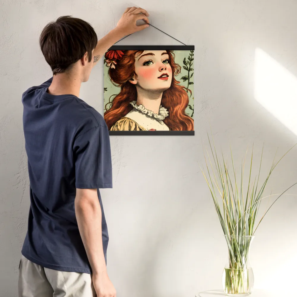 Whimsical Portrait of a Flower-Adorned Girl | Poster With Black Wood Hanger | 16″×16″