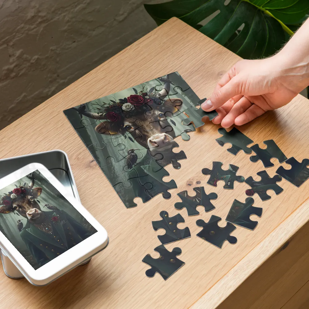 Forest Crowned Cow 
 Jigsaw Puzzle in Tin Box