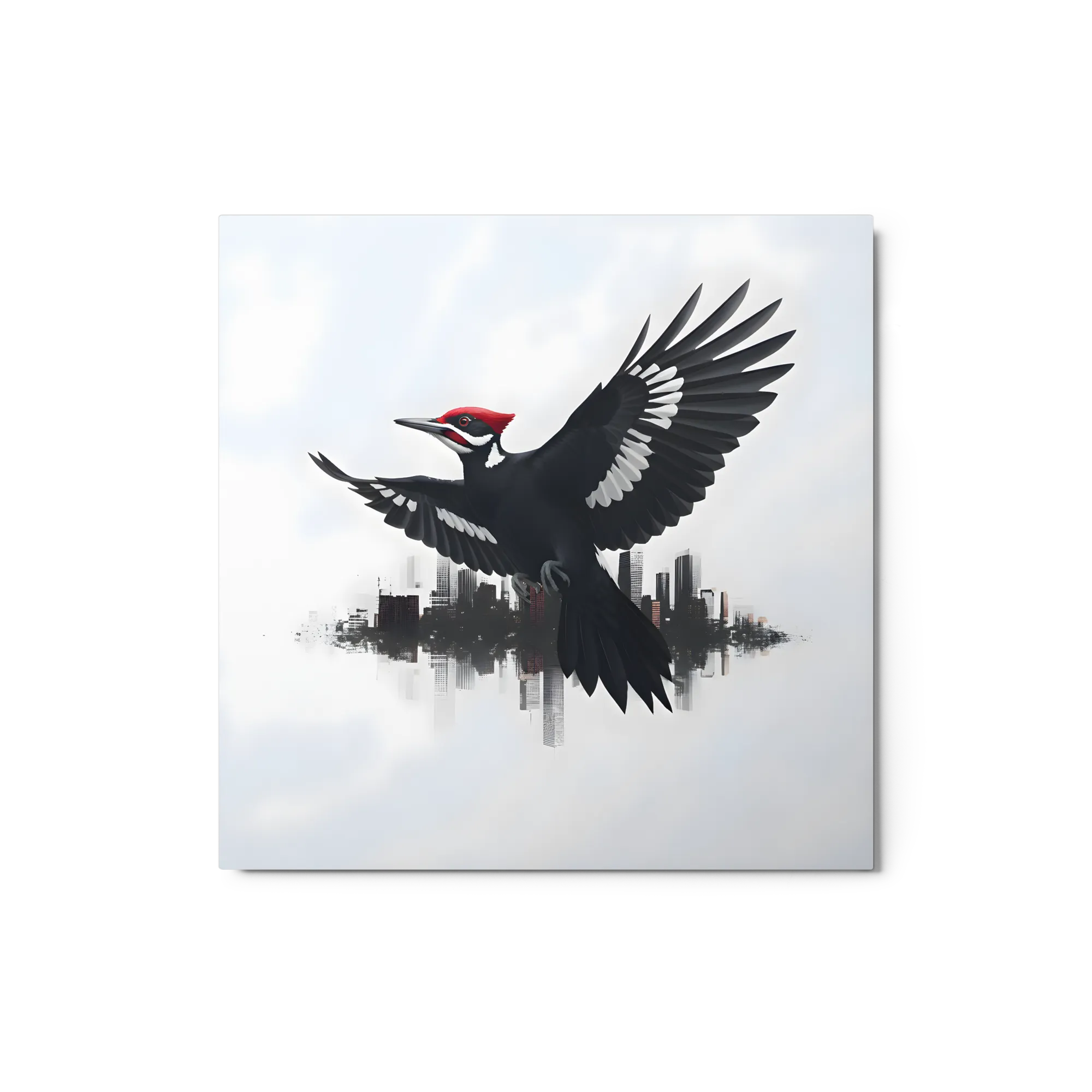 Urban Flight of the Woodpecker 
 Metal Print | 12″x 12″