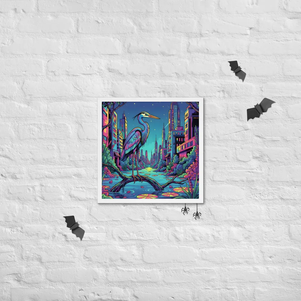 Neon Heron - Urban Twilight 
 Poster with White Frame | 18″x 18″