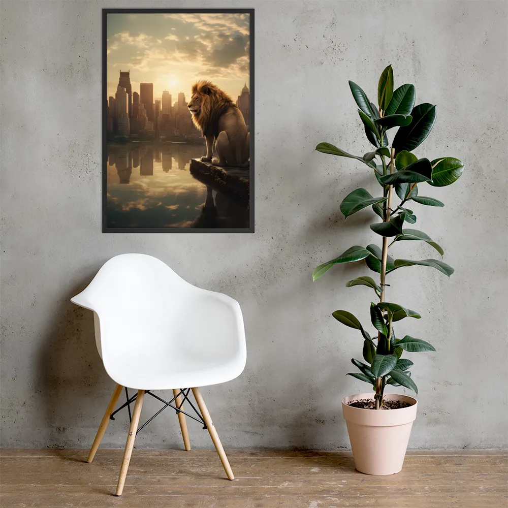 The Lion's Gaze Over the Urban Symphony | Poster with Black Frame | 24″×36″