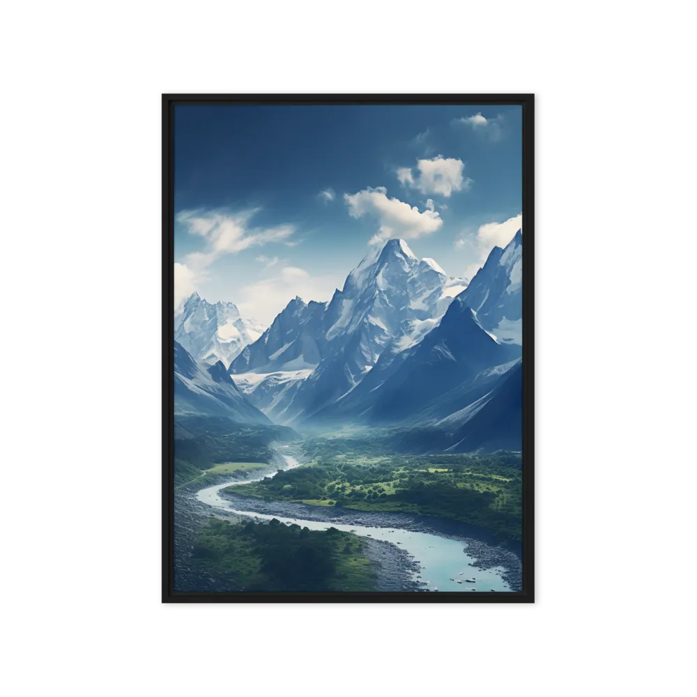 Majestic Serenity: A Landscape of Mountains and Rivers | Canvas with Black Frame | 20″×28″