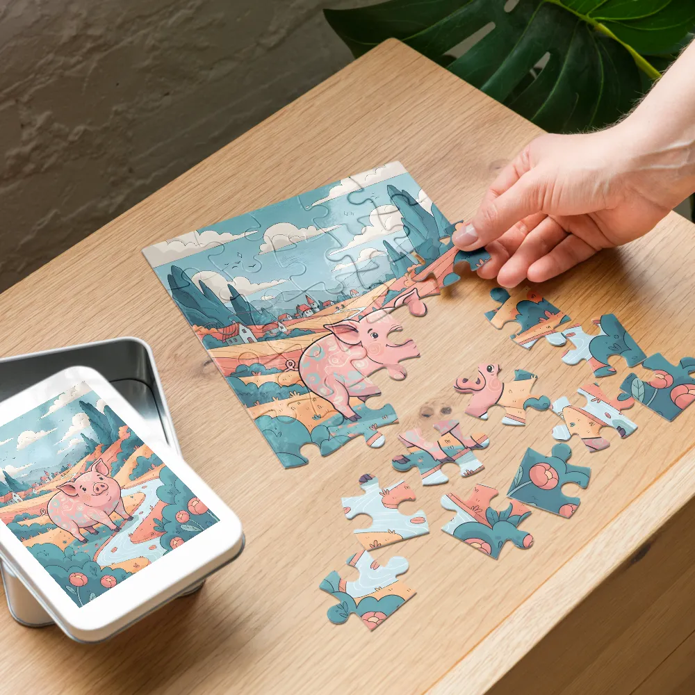 Pastel Meadow Pig 
 Jigsaw Puzzle in Tin Box
